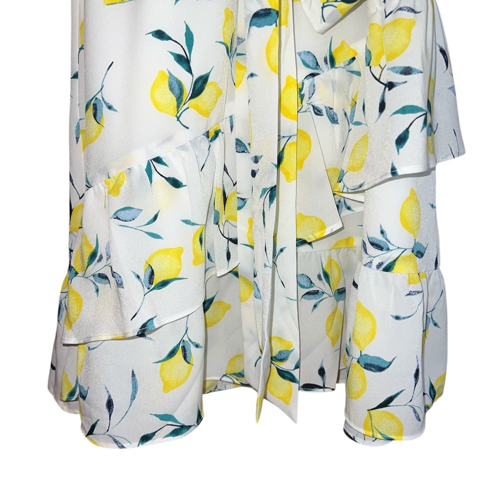 Banana Republic Lemon Print Mini Dress Size 14 White Yellow Ruffle Tie Waist - Picture 5 of 15